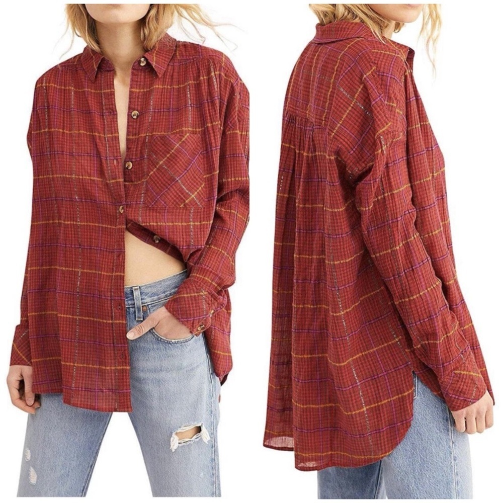 NWT Free People Break My Stride Shirt in Sherry Combo Button Down XS Plaid Baggy